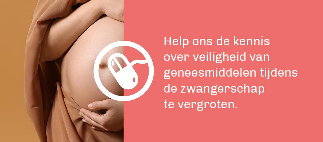 Banner Belpreg met buik van zwangere vrouw  en de tekst Help ons de kennis over veiligheid van geneesmiddelen tijdens de zwangerschap te vergroten
