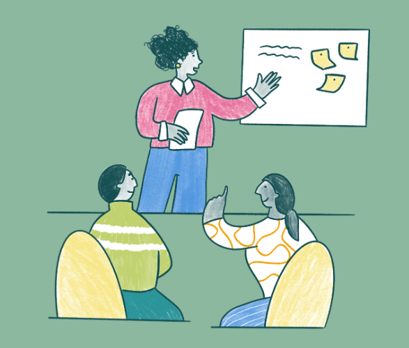 2 mensen volgen een navormig met 1 lesgever aan een schoolbord